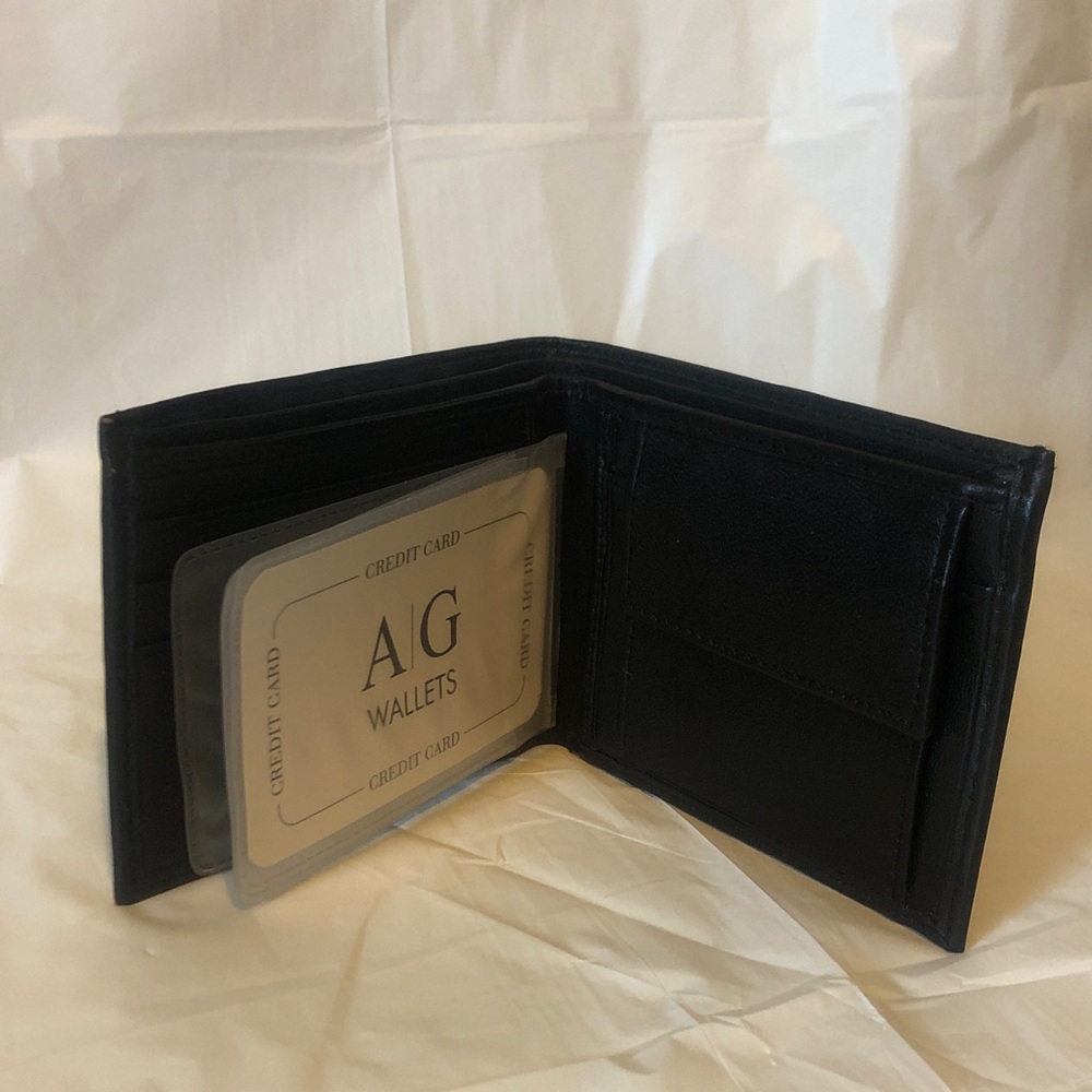 Buttery black leather men’s wallet with zip billfold compartment; new & quality